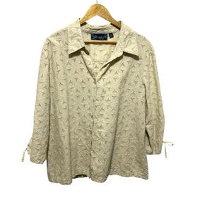 Susan Graver Womens Beige Eyelet Button Blouse 2X Cotton Boho Cottagecore Mature - Picture 1 of 8