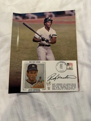 Rickey Henderson 1985 autografiado por los Yankees Cachet registro base robado Foto 1 de 2