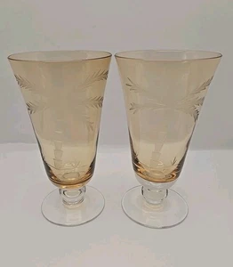 Lenox British Colonial Scenic Etched  Palm Tree Amber Tint Glasses Set of 2 - Picture 1 of 7