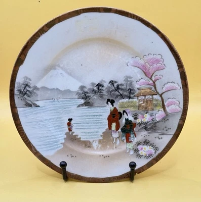 Placa de cerâmica japonesa antiga pintada à mão com marca de assinatura - Imagem 1 de 4