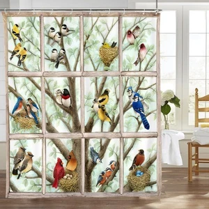 Rustic Birds Shower Curtain Window Farmhouse Birds Shower Curtain Set with 12. - Picture 1 of 7