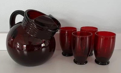 Vintage Royal Ruby  Ball Jug & 4 Baltic Juice Tumblers - ALL PERFECT - Image 1 of 2