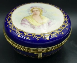 French Sevres Porcelain Lady Portrait Cobalt Blue Covered Jewelry Box circa 1870 - Picture 1 of 10