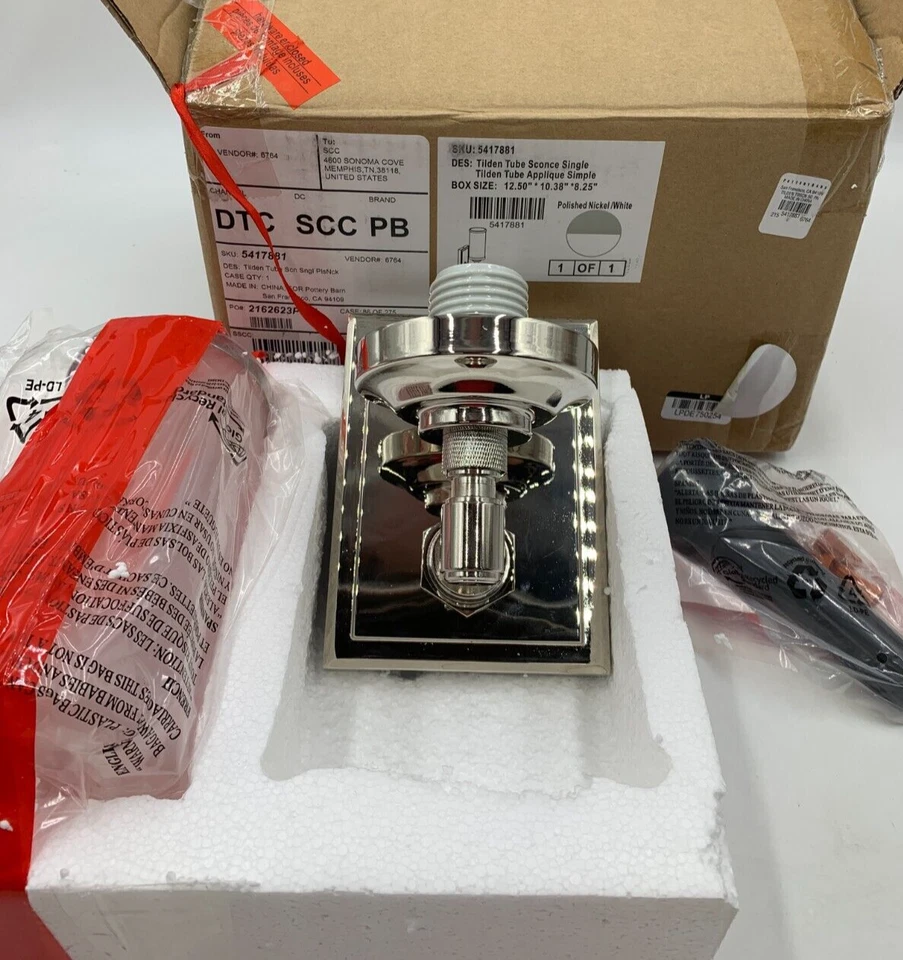 Aplique de tubo Pottery Barn Tilden con sombra pulido níquel blanco 11,25" h #1710 Foto 1 de 4