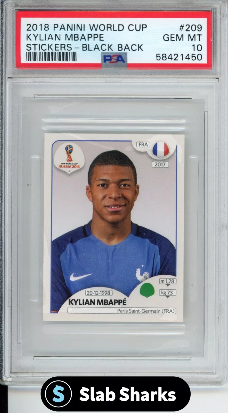 2018 PANINI WORLD CUP #209 KYLIAN MBAPPE STICKERS BLACK BACK ROOKIE RC PSA 10