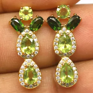 Unheated Green Peridot, Diopside & Cubic Zirconia Earrings 925 Sterling Silver - Picture 1 of 4