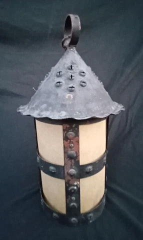 Antique Copper Lantern Arts Crafts w Fiberglass Liner hammered pendant 20x10.5"d Cover