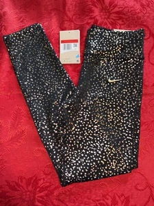 Nike ONE Girls Leggings Black Gold Stars Metallic Child’s Large New High Waist - Picture 1 of 8