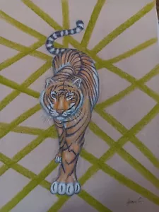 Tiger animal figure drawing pencil pastel Artist Jerome Cadd Green line tiger - Picture 1 of 8