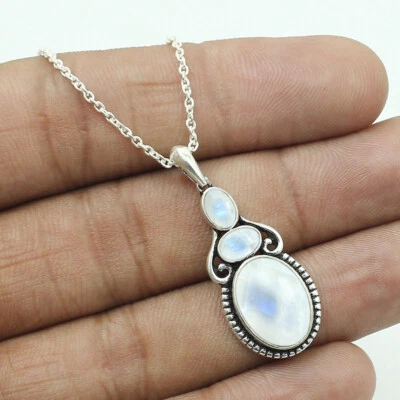Bell'arcobaleno Pietra Di Luna Gemma Argento Sterling 925 Artigianale Ciondolo - Immagine 1 di 4