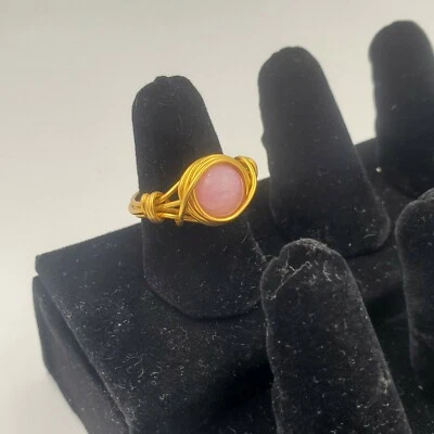 Anillo de oro envuelto en alambre con piedra de cristal rosa ojo de gato, para mujer, niña, regalo Foto 1 de 4