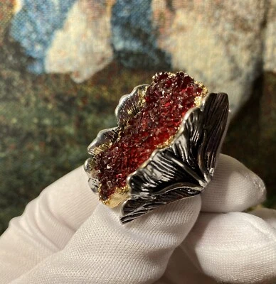Vintage Big Women Ring Antique Silver Tone Red /Blue Crystal Flower Size: 8 New - Image 1 of 4