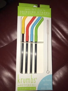 Krumbs Kitchen 4 Pack Reusable Stainless Steel Straws with Silicone Tips w/Cl... - Picture 1 of 1