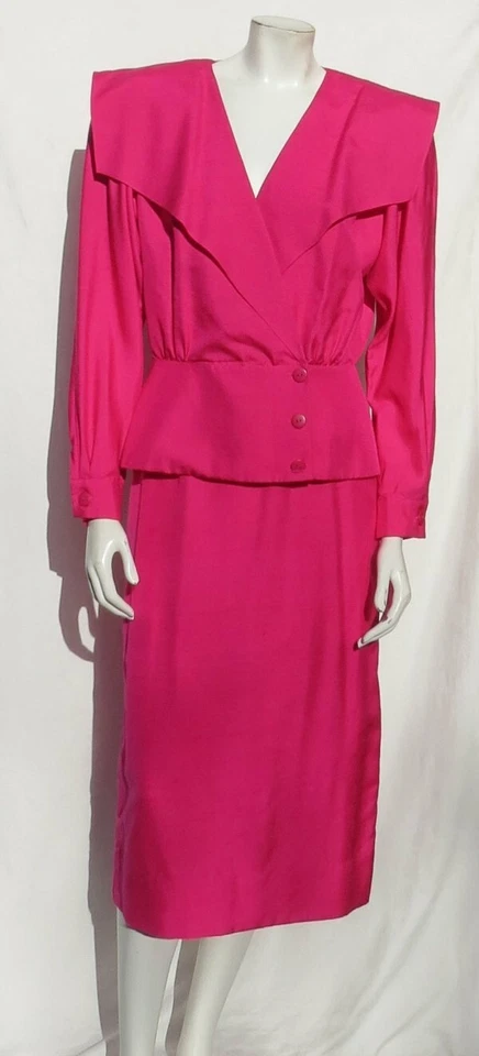 Vtg 80s JOANIE CHAR Hot Pink 100% Silk Jacket + Skirt Suit Set US XS 2 4 (tag 6) - Image 1 of 4