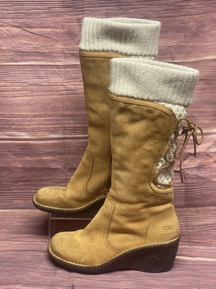 Bota UGG Skylair para mujer talla 7 cuero tostado castaño tacón de cuña puño tejido blanco Foto 1 de 4