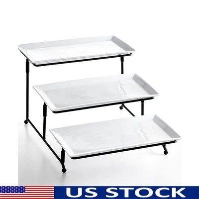 Набор фарфоровой сервировочной посуды 3 уровня прямоугольная пластина металлическая стойка закуски десерты - Изображение 1 из 3