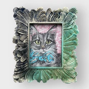 “Brunch Date” - mini framed Grey Tabby Cat portrait wearing Sardine Fish Bow Tie - Picture 1 of 4
