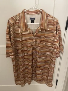 Patagonia Rhythm Shirt Men L Orange Brown Wavy Stripe Groovy Retro Festival - Picture 1 of 5