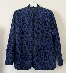 Susan Graver Womens Navy Blue Black Floral Velvet Accent Jacket Blazer Sz Large - Picture 1 of 9