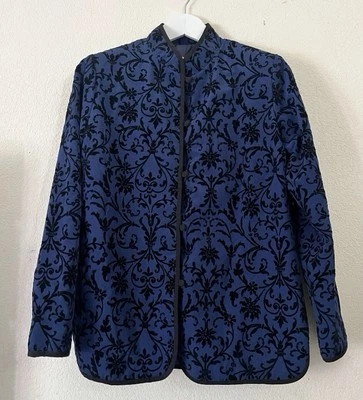 Susan Graver Womens Navy Blue Black Floral Velvet Accent Jacket Blazer Sz Large - Image 1 of 4