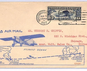 USA Air Mail Cover 1927 *LINDBERGH* Illustrated TRANSATLANTIC FLIGHT Map XF94 - Picture 1 of 12
