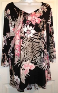 Lovely Beige/Black/Ivory/Pink Floral Print SUSAN GRAVER 3/4 Sleeve Tunic - 1X - Imagen 1 de 1