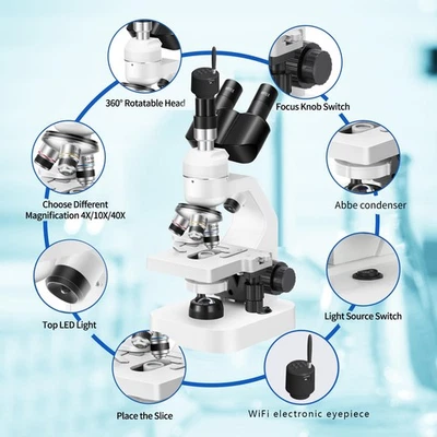 Microscopio óptico binocular zoom 40X-2000X, micrófono biológico binocular de laboratorio Foto 1 de 4