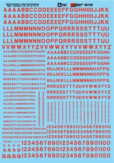 Microscale Decals 90105 HO 1/87 Railroad Gothic Letters Numbers Red Waterslide - Image 1 of 1
