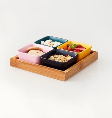 4 Colourful Ceramic Snack Serving Bowls & Forks In Bamboo Tray Geometric Nordic - Image 1 of 4