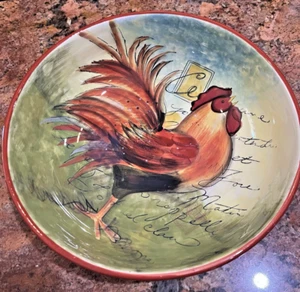SUSAN WINGET CERTIFIED INTERNATIONAL SUNRISE ROOSTER Large 13” Bowl with writing - Picture 1 of 6