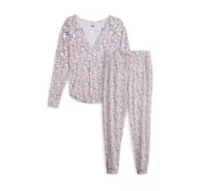 Pajamas PJs Lounge Womens Soft S Long Sleeve Henley 2-Piece Set Pink Palm Trees - Picture 1 of 3