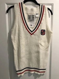 New Women's Harajuku Cotton Sweater Vest Cream Red And Navy Blue Size Large - Picture 1 of 3