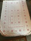 Vintage Chenille Bedspread Pink green with fringes, rounded corners 110” x 73”