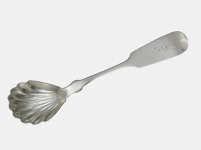 MONEDA AMERICANA PIEZA DE SERVIR PLATA CUCHARA CON CÁSCARA DE AZÚCAR Nueva York A C Benedict años 1840 Foto 1 de 4