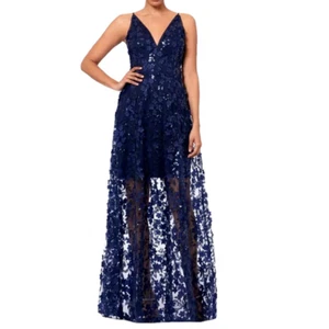 New X BY XSCAPE Size 10 Navy Style XC250 3D Floral-Appliqué Sequined Gown Dress - Picture 1 of 12