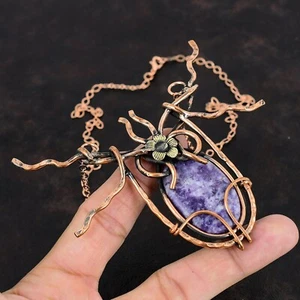Easter Deal Copper Lepidolite Stone Chain Wire Wrapped Flower Necklace Jewelry - Picture 1 of 6