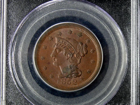 1852 MS-63 BN PCGS BETTER DATE Braided Hair One Cent Piece Cover