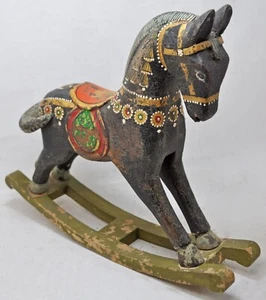 Hand Carved Fine Wooden Rocking Horse Figurine Finely Hand Painted Rustic Black - Picture 1 of 8