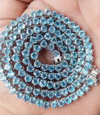 14k White Gold Plated Round Cut Blue Diamond Lab Created Tennis Necklace 22" In - Image 1 of 4