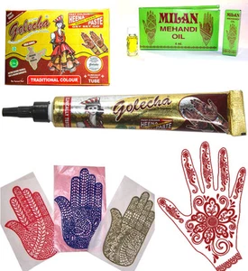 Henna-Set Mehandi Schablonen + Golecha Paste - Tube rot á 25g + Mehandi Öl 4 ml - Bild 1 von 4