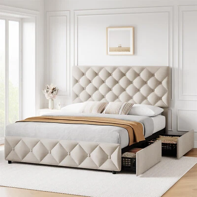 Upholstered Queen Size Platform Bed Frame with 4 Storage Drawers and Headboard - Image 1 of 4