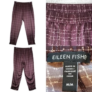 Eileen Fisher Anzughose gerades Bein Damen Größe Medium burgunderrot kariert Seide - Bild 1 von 8