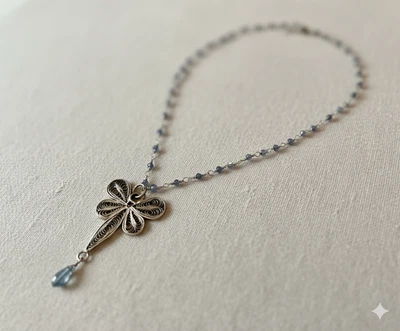 Collar estilo antiguo de plata filigrana libélula cuentas de labradorita y aguamarina Foto 1 de 4