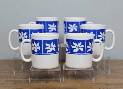 6 tazas de café de vidrio con leche Arcopal Francia de colección flor de hibisco azul MCM raras 10 oz Foto 1 de 4