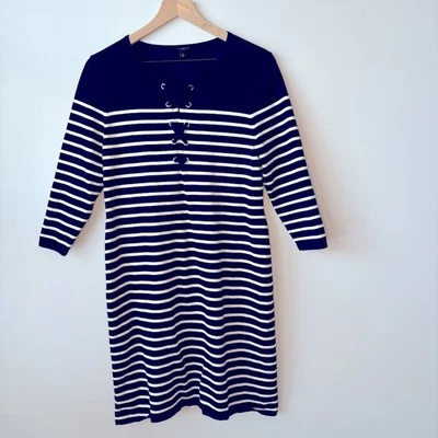Talbots 毛衣连衣裙 3/4 袖蓝色条纹大号娇小针织航海学院风 — 第 1/4 张图片