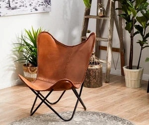 Butterfly Leather Chair Handmade Living Room Brown Vintage with Stand - Picture 1 of 5