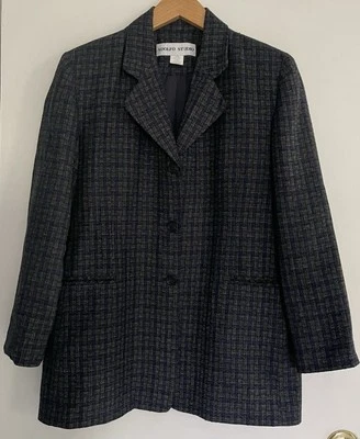 Adolfo Studio Mujer’s 2 Piezas Falda Traje Cuadros Gris Azul Blazer Trabajo Talla 14 Foto 1 de 4