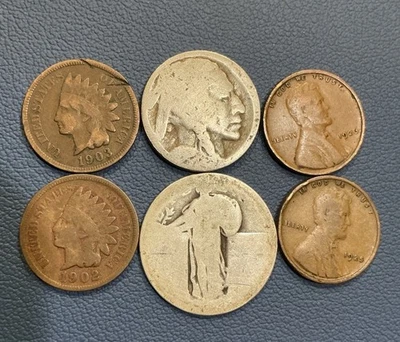 Vintage US Coins - Standing Liberty Silver Quarter, Indian + Wheat Cents, Nickel - Image 1 of 2