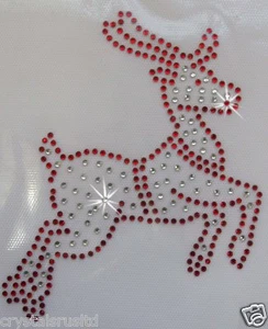 REINDEER RED CHRISTMAS XMAS MOTIF iron-on BLING RHINESTONE BEAD TSHIRT TRANSFER - Picture 1 of 1