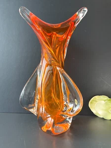 Chalet MCM 13" Tall Orange Swirl 3-Point Stretch Hand Blown Art Glass Vase - Picture 1 of 24